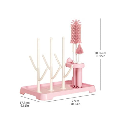 [4-in-1] Baby Bottle Drying Rack Set with Multi-Functional Brushes, Silicone Bottle Brush, Nipple Brush & Straw Cleaner, Space-Saving Countertop Cleaning Kit for Feeding Essentials, BPA-Free (Pink) - color: Pink