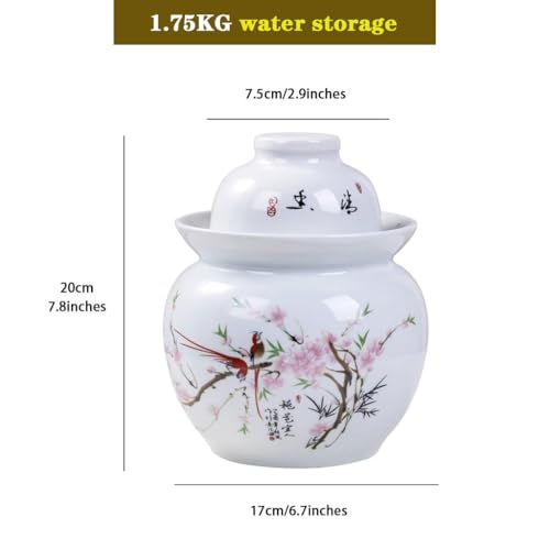 Peach Blossom and Bird Pattern Pickle Jar, Jingdezhen Porcelain with Ink Painting, Double-lid Fermentation Crock, Water-Sealed Ceramic Kimchi Jar(1.75kg/61.7oz) - size: 1.75kg/61.7oz