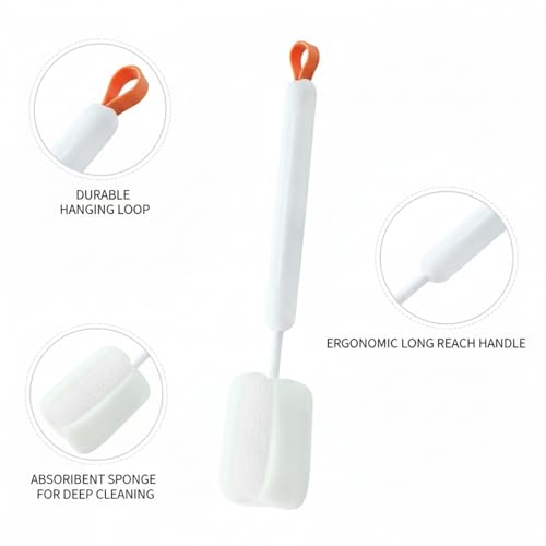Long Handle Bottle Cleaning Brush with Soft Sponge Head for Deep Cups, Narrow Neck Bottles & Vases - 13 Inch - color: White