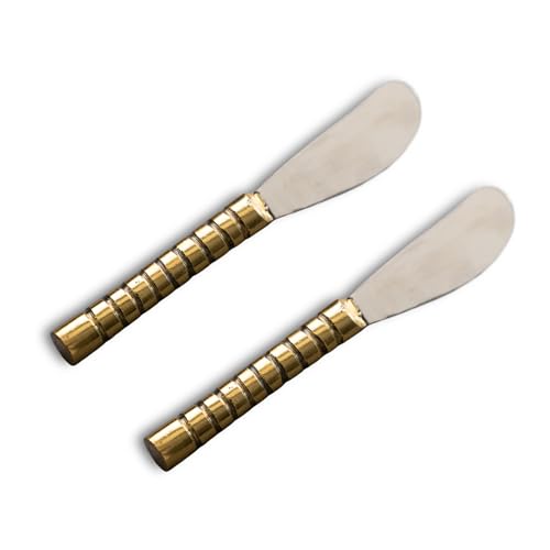 India Handicrafts 16324 Antiqued Beaded Gold And Silver Tone 5.5 x 1 Stainless Steel Kitchen Serving Cheese Spreader Knives, Pack of 2