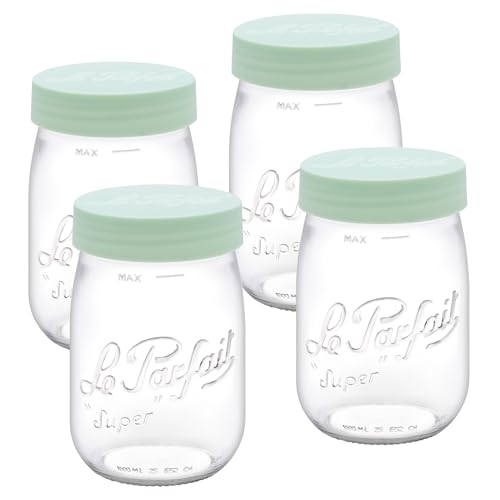 Le Parfait Eco-Friendly Zero Waste Wide Mouth Glass Jar with Airtight Screw Top Lid – Reusable French Storage Jar for Food, Soup, Flour, Sugar, Canning & Baking (1L/32oz, 4 Pack, Mint) - color: 1L-Mint (Set/4)