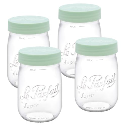 Le Parfait Eco-Friendly Zero Waste Wide Mouth Glass Jar with Airtight Screw Top Lid – Reusable French Storage Jar for Food, Soup, Flour, Sugar, Canning & Baking (1L/32oz, 4 Pack, Mint) - color: 1L-Mint (Set/4)