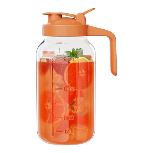 Glass Mason Jar Pitcher, 64 oz Wide Mouth Jug with Pour Spout Handle Lid for Cold Brew Coffee, Ice Beverage, Iced Juice, Lemonade, Sun Tea, Fruit Drinks Container(Orange) - color: Orange, size: 64 Ounces