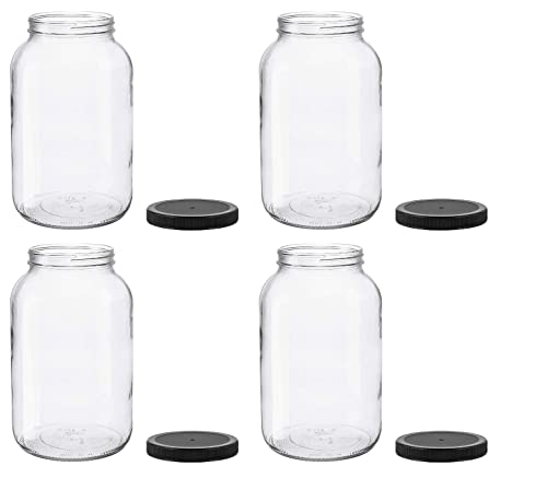 North Mountain Supply 1 Gallon Glass Jar Wide Mouth with Black Plastic Lid - USDA, BPA-Free, Made in The USA - for Fermenting, Storing, Canning, and Much More! - Case of 4