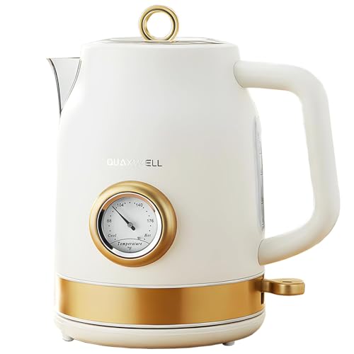 Retro Electric Kettle, 1.7L 304 Stainless Steel Tea Kettle with Temperature Gauge, 1500W Fast Boiling Water Boiler,Auto Shut-Off & Boil-Dry Protection, BPA-Free, Matte White and Gold - color: White and Gold