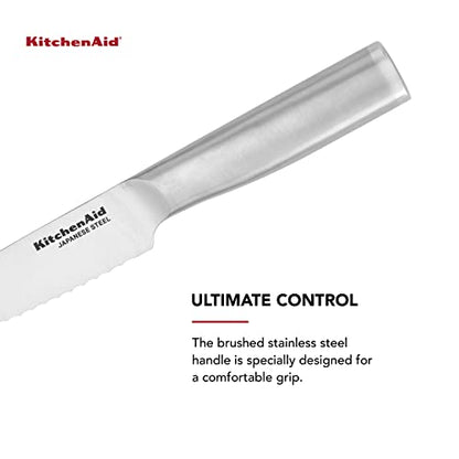 KitchenAid Gourmet Forged Stainless Steel Serrated Utility Knife with Custom-Fit Blade Cover, 5.5-inch, Sharp Kitchen Knife, Brushed Stainless Steel Handle - style: 5.5-Inch Serrated Utility Knife