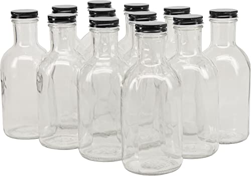 North Mountain Supply 16 Ounce Glass Stout Sauce Bottle - With 38mm Black Metal Lids - Case of 12