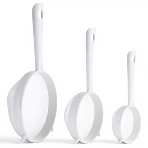 3 PCS Plastic Fine Mesh Strainer Set with Handle, Nylon Sieve Fine Food Mesh Colander with Double Ear for Baking Kitchen Yogurt Tea Juice Coffee Honey Milk Pasta