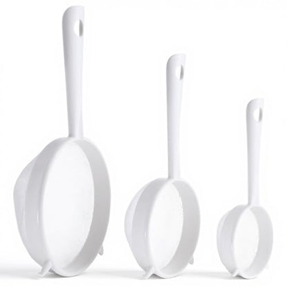 3 PCS Plastic Fine Mesh Strainer Set with Handle, Nylon Sieve Fine Food Mesh Colander with Double Ear for Baking Kitchen Yogurt Tea Juice Coffee Honey Milk Pasta