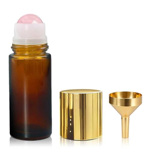 Rose Quartz Roller Bottles for Oils, 50ml Refillable Amber Glass Roll On Bottles with Natural Crystal Roller Balls, Leak-Proof Travel Perfume Bottle with Gold Caps - size: 1.7 Ounces