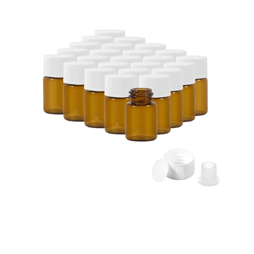 25PCS 2ml Amber Glass Vials with White Screw Caps and Plastic Stoppers, 1/2 Dram Leak-Proof Small Liquid Sample Bottles for Essential Oils, Perfumes, Reagents - color: AMBER, size: 2ml