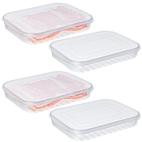 Suclain 4 Pieces Bacon Keeper Plastic Deli Meat Saver with Lids Airtight Cold Cuts Cheese Container for Fridge Food Refrigerator Storage Box Shallow Low Cookie Holder, 9.65 x 7.28 x 1.38''
