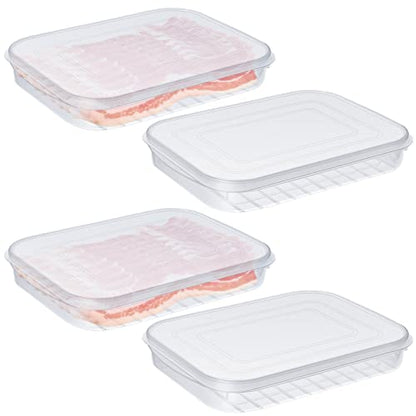 Suclain 4 Pieces Bacon Keeper Plastic Deli Meat Saver with Lids Airtight Cold Cuts Cheese Container for Fridge Food Refrigerator Storage Box Shallow Low Cookie Holder, 9.65 x 7.28 x 1.38''