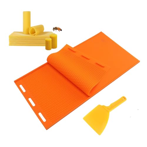 Beeswax Press Sheet Mold with Honey Scraper, Silicone Mold for Making Honeycomb Sheets, DIY Beehive Foundation & Candles, Reusable Beekeeping Supplies - color: Orange