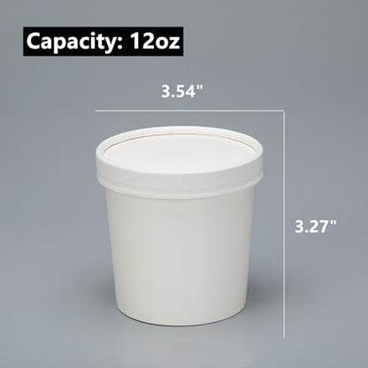 60 Pack 12 oz White Paper Ice Cream Cups with Lids, To Go Soup Containers Dessert Bowl, Microwave and Freezer Safe Food Storage Bowls for Parties, Christmas, Takeout, Picnics
