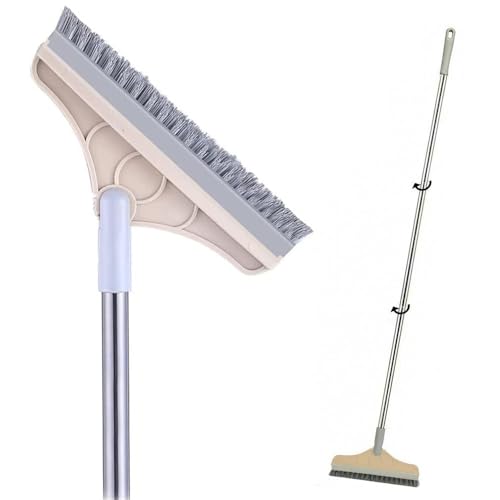 2 in 1 Floor Brush Scrubber with Long Handle Grout Brush 3 Poles 53.5'' New Upgrade Stiff Bristle Cleaning Scrub Brush with Squeegee 120°Rotating Tile Brush for Cleaning Bathroom Glass Patio Kitchen - color: Gray