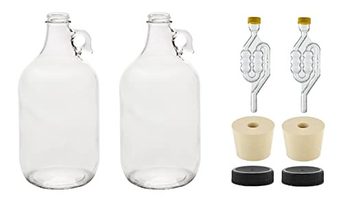 North Mountain Supply 1/2 Gallon Glass Fermenting Jug with Handle – Set of 2 – Includes 6.5 Rubber Stoppers, 6-Bubble Airlocks, and Black Plastic Lids – 64 Ounces – 38mm CT Finish