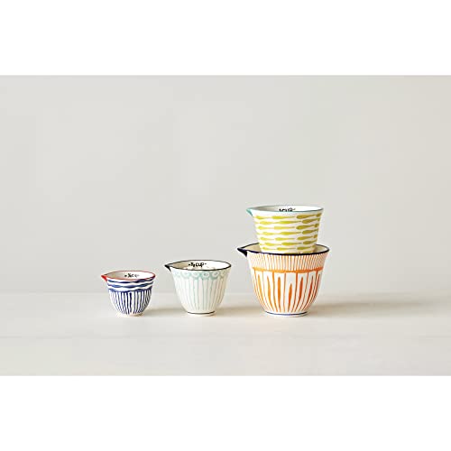 Creative Co-Op Hand Stamped Striped Stoneware Measuring Cups (Set of 4 Sizes/Designs)
