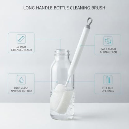 Long Handle Bottle Cleaning Brush with Soft Sponge Head for Deep Cups, Narrow Neck Bottles & Vases - 13 Inch - color: Gray