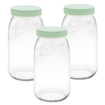 Le Parfait Eco-Friendly Zero Waste Wide Mouth Glass Jar with Airtight Screw Top Lid - Reusable French Storage Jar for Food, Soup, Flour, Sugar, Canning & Baking (3L/96oz, 3 Pack, Mint) - color: 3L-Mint (Set/3)