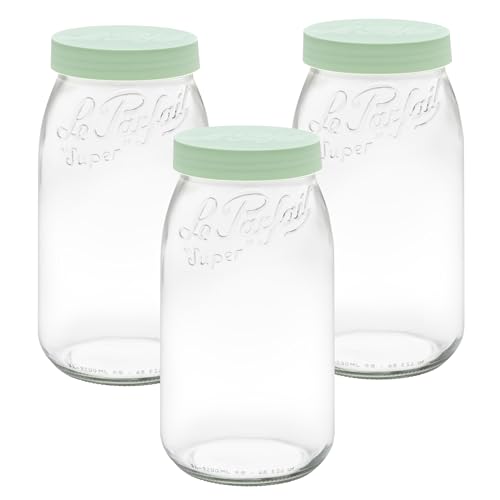 Le Parfait Eco-Friendly Zero Waste Wide Mouth Glass Jar with Airtight Screw Top Lid - Reusable French Storage Jar for Food, Soup, Flour, Sugar, Canning & Baking (3L/96oz, 3 Pack, Mint) - color: 3L-Mint (Set/3)