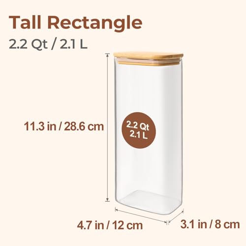 ComSaf 2.2 Qt Rectangle Glass Storage Containers with Lids, Glass Jars with Bamboo Lids, Clear Food Storage Jar, Tall Spaghetti Container, Pantry Storage Container for Pasta Flour Oats Nuts Rice - size: 2.2 Qt-3Pcs