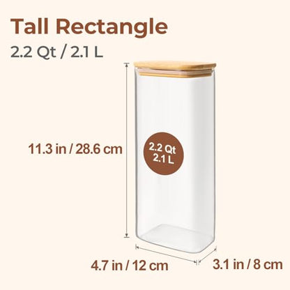 ComSaf 2.2 Qt Rectangle Glass Storage Containers with Lids, Glass Jars with Bamboo Lids, Clear Food Storage Jar, Tall Spaghetti Container, Pantry Storage Container for Pasta Flour Oats Nuts Rice - size: 2.2 Qt-3Pcs