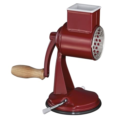 Zassenhaus Classic Drum Grater, Manual Kitchen Grater, Painted Metal, Beech Wood, Stainless Steel, Suction Base, 2 Grating Drums and Pestle, Can be Used as Vegetable Cutter, Cheese Grater and Slicer - color: Red