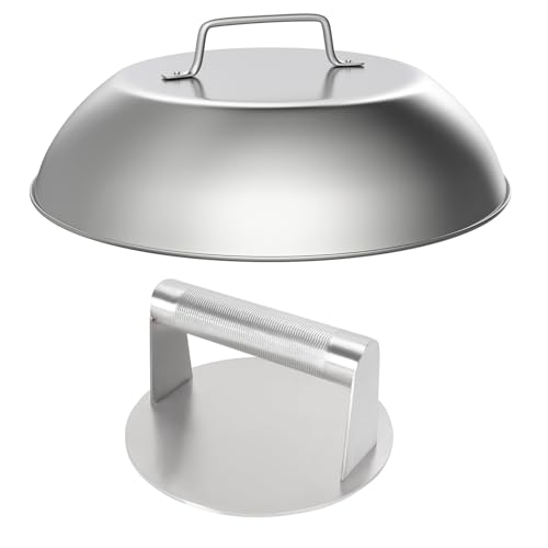 5.5" Burger Press & 9" Melting Dome Set for Blackstone Griddle Accessories | Food-grade stainless steel. Melts cheese fast, presses patties evenly. Easy clean. Fits most flat top grills. - size: 5.5'' Burger Pres+9''Dome-2PCS