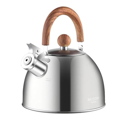 18/8 Stainless Steel Tea Kettle for Stovetop (2L / 2.1 Quart Whistling Tea Pot, Wood Handle)-Silver - size: 2.1 Quarts