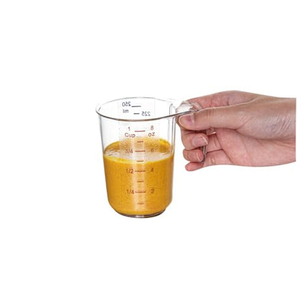 Restaurantware RW Base 1 Cup Measuring Jar 1 Durable Measuring Beaker - Metric And Imperial Units Handle With Thumb-Grip Design Clear Plastic Measuring Cup Tolerates Up To 248F - color: Clear, size: 3.75" × 3.00" × 3.75"