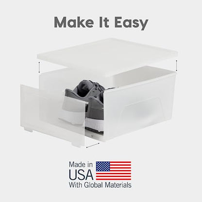 IRIS USA Stackable Shoe Storage Box with Latch Drop Front Door, 6-Pack, for Scarf Game Organizer Container with Ventilation Holes for Closet Under Bed Entryway Storage, Strudy, Wide, Clear - size: 18 Qt Drop Front - 6 Pack