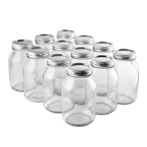 FastRack 32 oz Regular Mouth Mason Jars with Lids – Pack of 12 Quart Canning Jars for Food Storage, Pickling, Fermentation, Crafts – Reusable Airtight Large Glass Mason Jar with 1 Black Cap Gripper - size: 32oz - 12P
