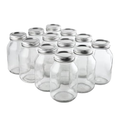 FastRack 32 oz Regular Mouth Mason Jars with Lids – Pack of 12 Quart Canning Jars for Food Storage, Pickling, Fermentation, Crafts – Reusable Airtight Large Glass Mason Jar with 1 Black Cap Gripper - size: 32oz - 12P