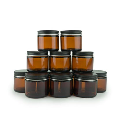 Glass Amber 2oz Jar - 12 Packs, Lead-Free Empty Round Jars For Beauty Products, Lotion, and Powders - Black Lid - Small Candle Jars - size: 2oz
