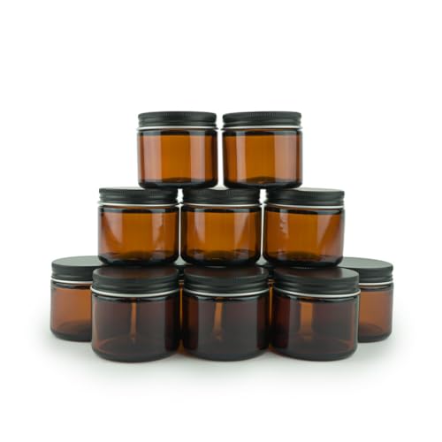 Glass Amber 2oz Jar - 12 Packs, Lead-Free Empty Round Jars For Beauty Products, Lotion, and Powders - Black Lid - Small Candle Jars - size: 2oz