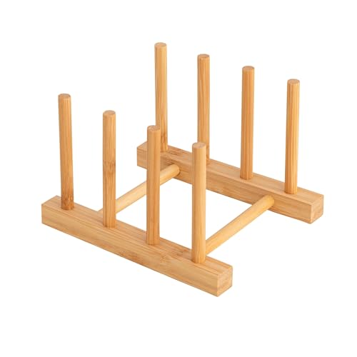 HBlife Bamboo Dish Plate Bowl Cup Book Pot Lid Cutting Board Drying Rack Stand Drainer Storage Holder Organizer Kitchen Cabinet（Keep Dry） - color: Bamboo 3 Slots 1pcs