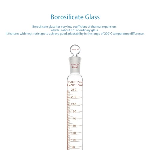 stonylab Measuring Cylinder with Stopper, 250 ml Heavy Wall Borosilicate Glass Measuring Graduated Cylinder with 24/40 Standard Ground Joint and Flat Head Stopper, 1 Pack