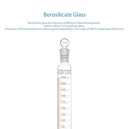stonylab Measuring Cylinder with Stopper, 250 ml Heavy Wall Borosilicate Glass Measuring Graduated Cylinder with 24/40 Standard Ground Joint and Flat Head Stopper, 1 Pack