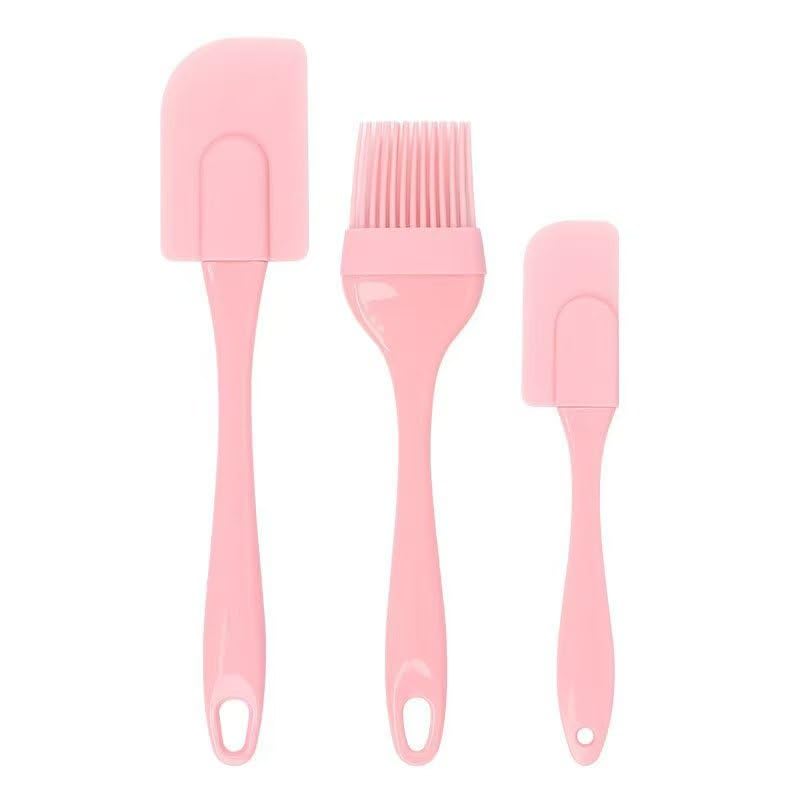 3pcs/set Food Grade Silicone Cake Spatula and Oil Brush and Cream Scraper and Sauce Brush, Baking Tool Set - color: Pink