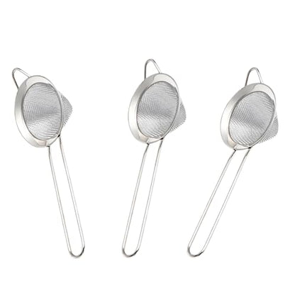 3-Piece Stainless Steel Fine Mesh Strainer Set - Conical Tea & Cocktail Filter for Loose Leaf, Food, Bar Use - Ergonomic Durable Kitchen Colander Tool