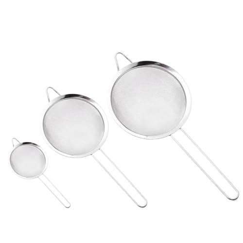 3Pcs Stainless Steel Fine Mesh Strainer Set (Small/Medium/Large) – Metal Sieve Sifter with Handle, Ideal for Rice/Juice/Quinoa/Flour, Kitchen Baking & Straining Tools