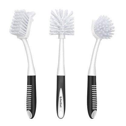 SetSail Dish Brush Set of 3 with Bottle Brush, Dish Scrub Brush with Long Handle Deep Cleaning Handle Brush with Scraper Tip for Kitchen Sink Dishes Bottle Cup Pot and Pans Tile Lines, Black - color: Black