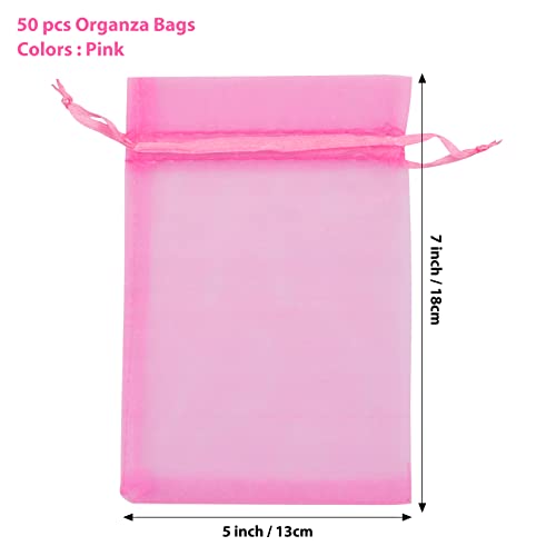 ANZNKU 50 Pack Hot Pink Organza Bags 5 x 7 inch, Small Mesh Drawstring Gift Bags, Jewelry Pouches Small Mesh Bag for Candy Party Wedding Favor & Easter Gifts - color: Hot Pink