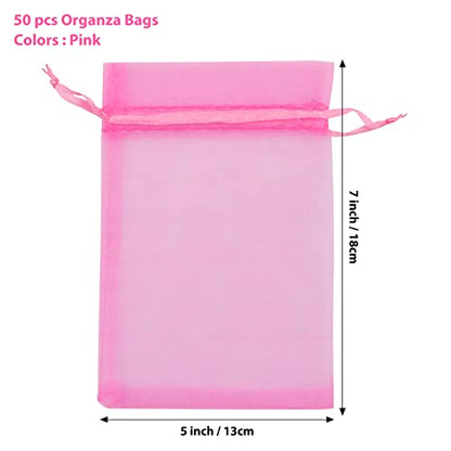 ANZNKU 50 Pack Hot Pink Organza Bags 5 x 7 inch, Small Mesh Drawstring Gift Bags, Jewelry Pouches Small Mesh Bag for Candy Party Wedding Favor & Easter Gifts - color: Hot Pink