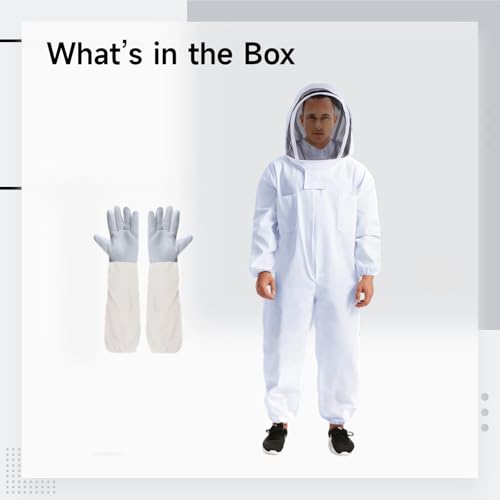 Full Body Protective Beekeeping Suit with Gloves, L Size, White Beekeeper Suit for Men, Ventilated Goat Skin Gloves