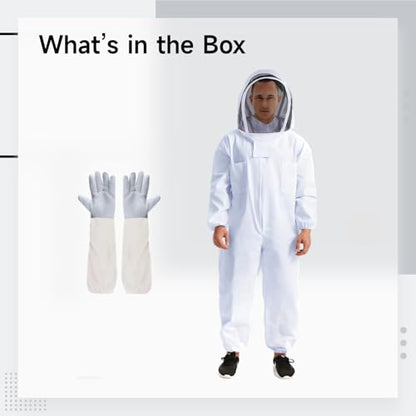 Beekeeping Suit with Goat Skin Gloves, Full Body Protective Beekeeper Suit for Men, Ventilated, White, L Size
