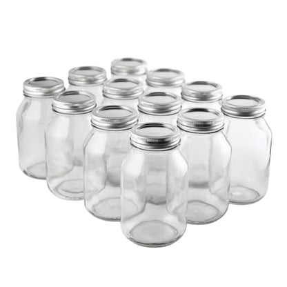 FastRack 32 oz Regular Mouth Mason Jars with Lids – Pack of 12 Quart Canning Jars | Empty, Reusable Airtight Large Glass Mason Jar for Food Storage, Pickling, Fermentation, Kombucha Brewing & Crafts - size: 32oz - 12 Pack