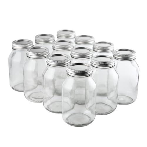 FastRack 32 oz Regular Mouth Mason Jars with Lids – Pack of 12 Quart Canning Jars | Empty, Reusable Airtight Large Glass Mason Jar for Food Storage, Pickling, Fermentation, Kombucha Brewing & Crafts - size: 32oz - 12 Pack
