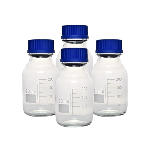 250ml Graduated Glass Round Media Storage Bottle with blue GL45 Screw Cap, Clear High Borosilicate Glass, Wide Mouth, Pack of 4 - color: clear bottle, size: 250ml
